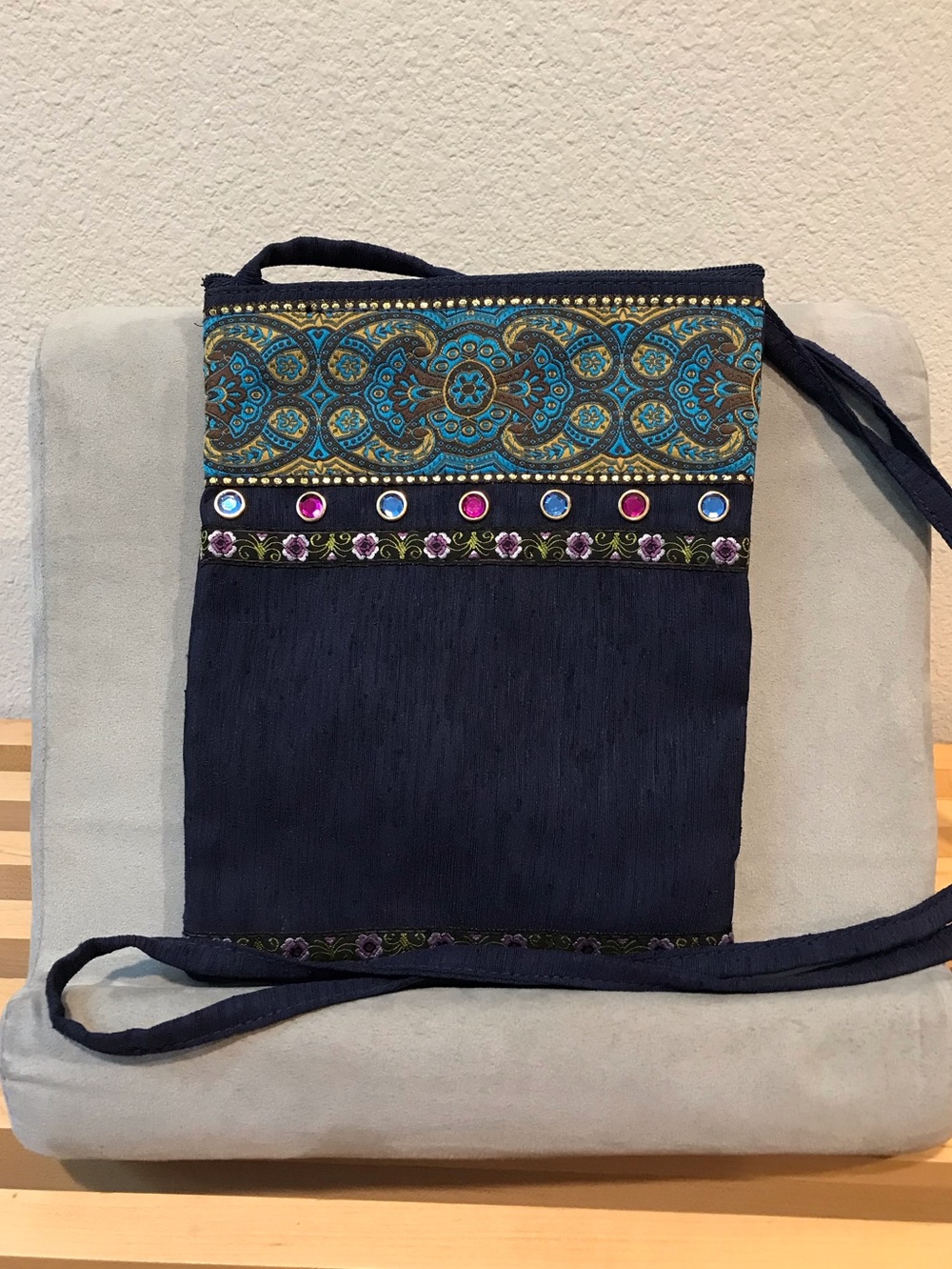 Lane Bryant Navy Blue Crossbody with Teal and Gold Embroidered Panel